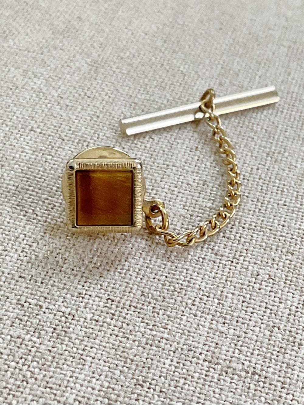 Vintage Tiger Eye Gold Tone Tie Tack Tie Pin Square Stone w/ Safety Chain